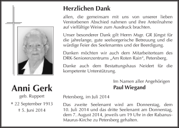 Traueranzeige von Anni Gerk 