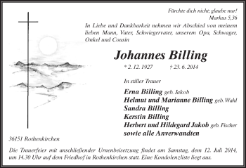 Traueranzeige von Johannes Billing 
