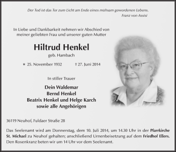Traueranzeige von Hiltrud Henkel 