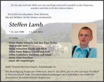 Traueranzeige von Steffen Lamb 