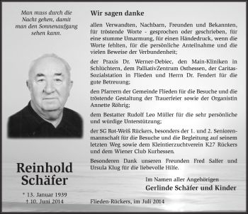 Traueranzeige von Reinhold Schäfer 