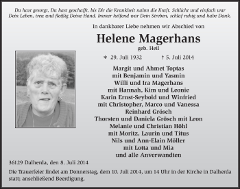 Traueranzeige von Helene Magerhans 