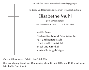 Traueranzeige von Elisabethe Muhl 