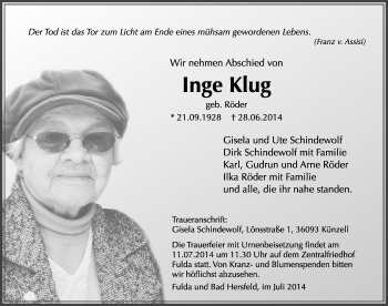 Traueranzeige von Inge Klug 