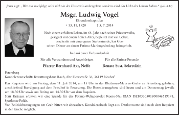 Traueranzeige von Ludwig Vogel 