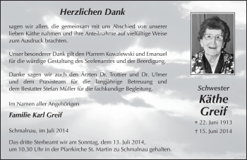 Traueranzeige von Käthe Greif 