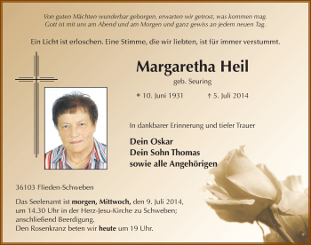 Traueranzeige von Margaretha Heil 