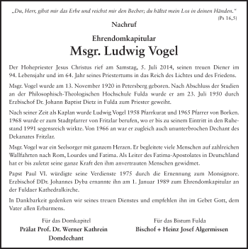 Traueranzeige von Ludwig Vogel 