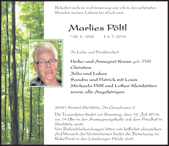Traueranzeige von Marlies Pöltl 