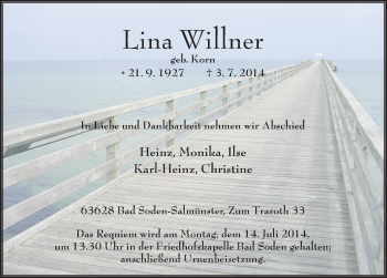 Traueranzeige von Lina Willner 