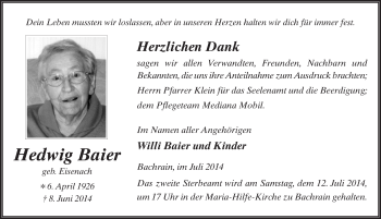 Traueranzeige von Hedwig Baier 