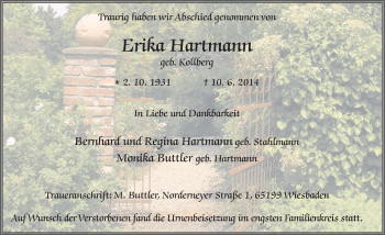 Traueranzeige von Erika Hartmann 