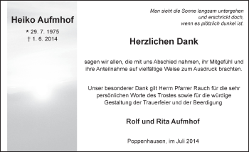 Traueranzeige von Heiko Aufmhof 