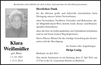Traueranzeige von Klara Weißmüller 