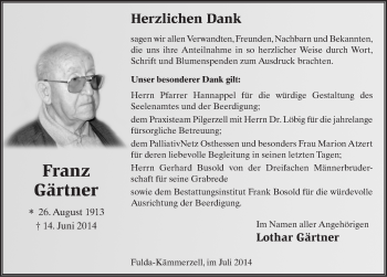 Traueranzeige von Franz Gärtner 