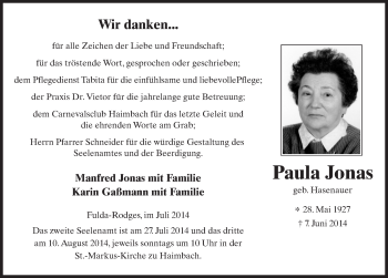 Traueranzeige von Paula Jonas 