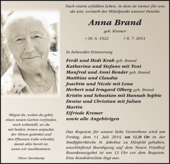 Traueranzeige von Anna Brand 
