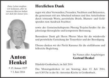 Traueranzeige von Anton Henkel 