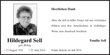 Traueranzeige von Hildegard Sell 