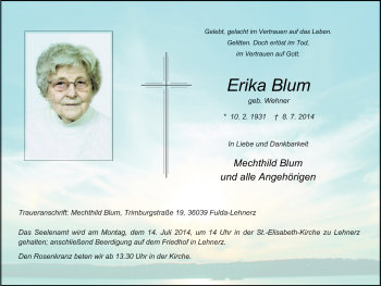 Traueranzeige von Erika Blum 