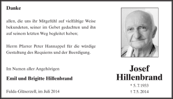 Traueranzeige von Josef Hillenbrand 