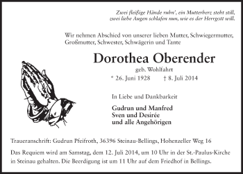 Traueranzeige von Dorothea Oberender 