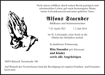 Traueranzeige von Alfons Staender 