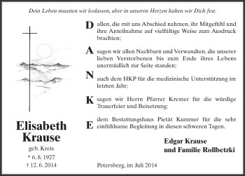 Traueranzeige von Elisabeth Krause 