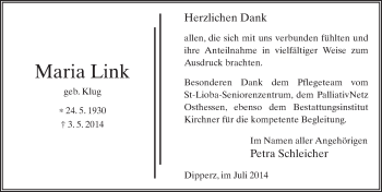 Traueranzeige von Maria Link 