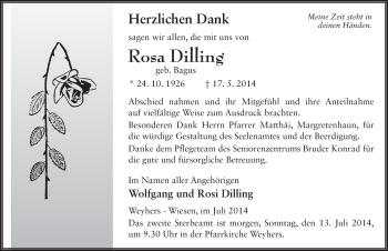Traueranzeige von Rosa Dilling 