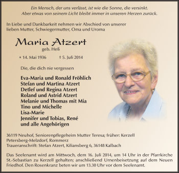 Traueranzeige von Maria Atzert 
