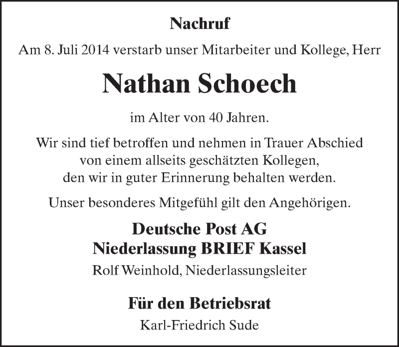  Traueranzeige für Nathan Schoech vom 11.07.2014 aus 