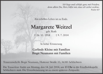 Traueranzeige von Margarete Weitzel 