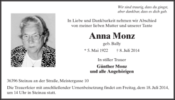 Traueranzeige von Anna Monz 