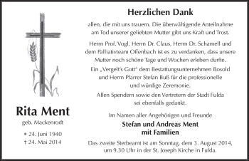 Traueranzeige von Rita Ment 