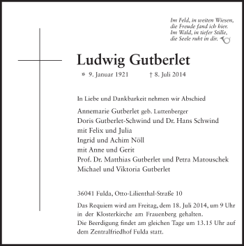 Traueranzeige von Ludwig Gutberlet 