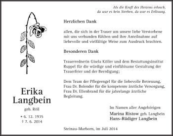 Traueranzeige von Erika Langbein 