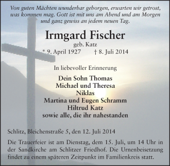 Traueranzeige von Irmgard Fischer 