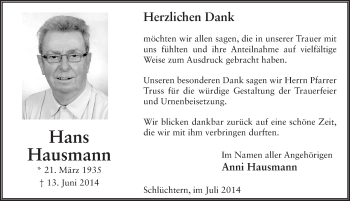 Traueranzeige von Hans Hausmann 