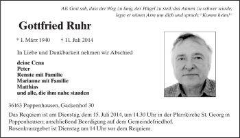 Traueranzeige von Gottfried Ruhr 