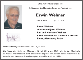 Traueranzeige von Erwin Wehner 