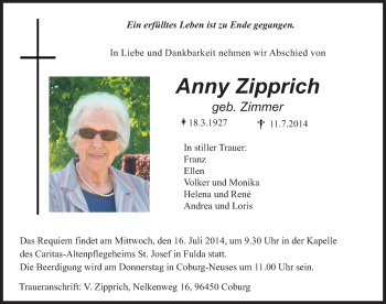 Traueranzeige von Anni Zipprich 