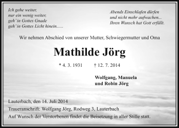 Traueranzeige von Mathilde Jörg 