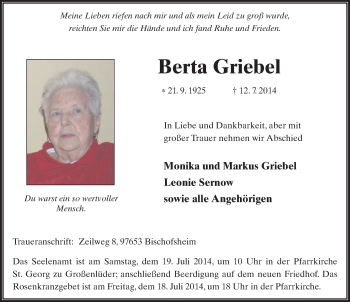 Traueranzeige von Berta Griebel 