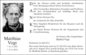 Traueranzeige von Matthias Vogt 