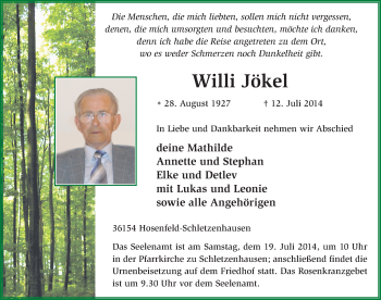 Traueranzeige von Willi Jökel 