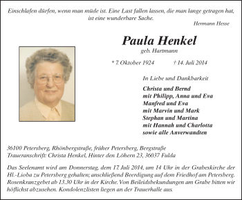 Traueranzeige von Paula Henkel 