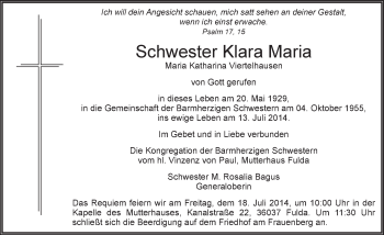 Traueranzeige von Schwester Klara Maria 