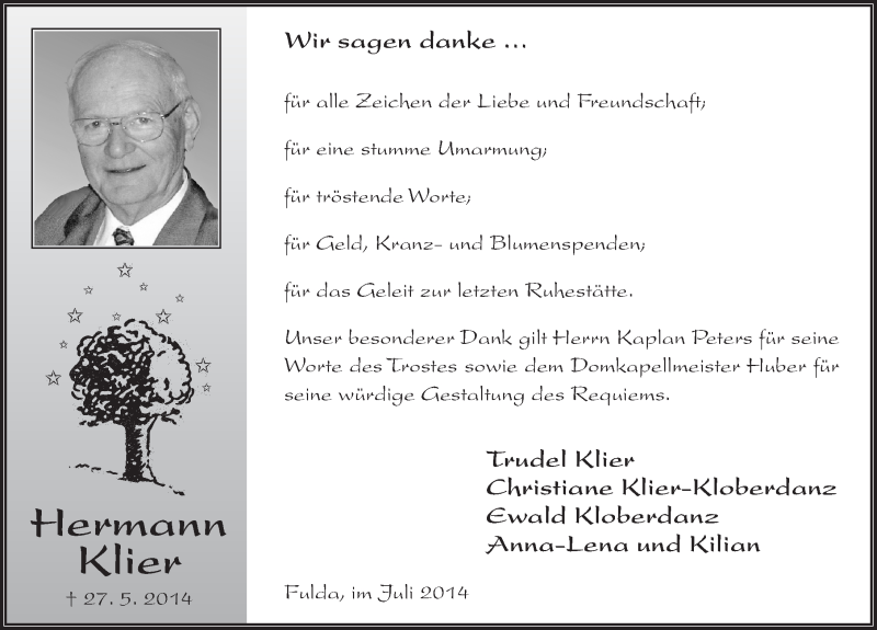  Traueranzeige für Hermann Klier vom 16.07.2014 aus 