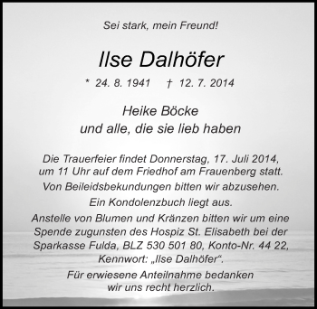 Traueranzeige von Ilse Dahlhöfer 